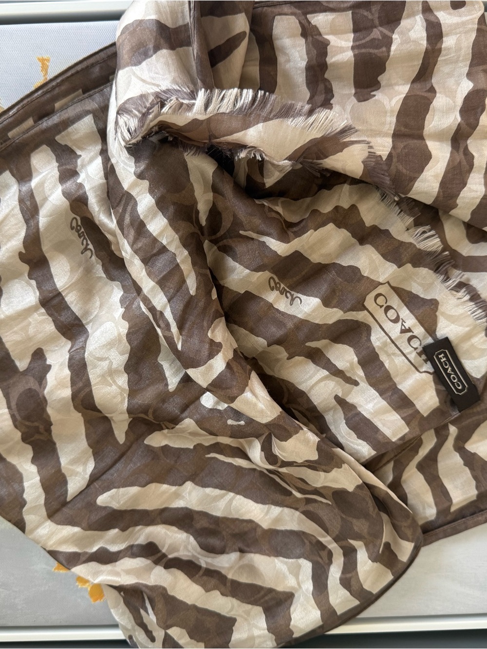 Coach Brown and Cream Zebra-Print cotton silk blend Lightweight Scarf